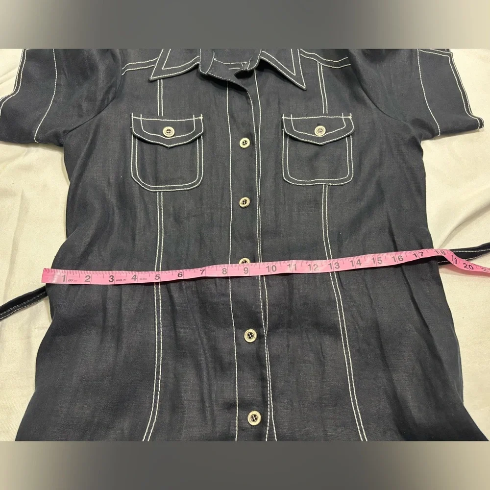 Linen Dress Button Up Navy White Stitching Belted - Picture 7 of 9